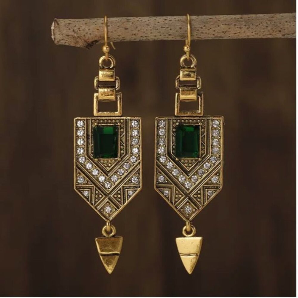 NEW Vanessa Edwardian Art Deco Gold and Emerald Green Geometric Drop Earrings - Picture 2 of 5